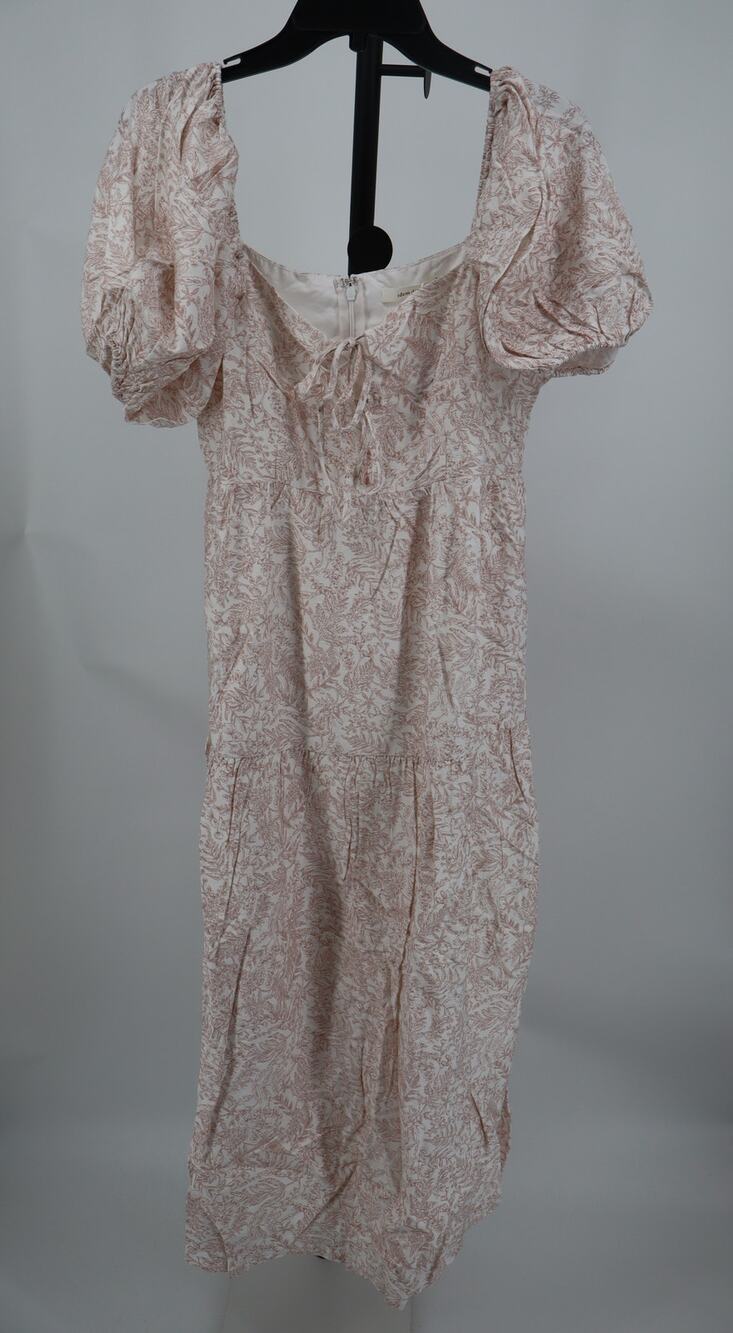NEW Idem Ditto Floral Dress Pink Midi Short Puff Sleeve Tie Tiered A Line Size L